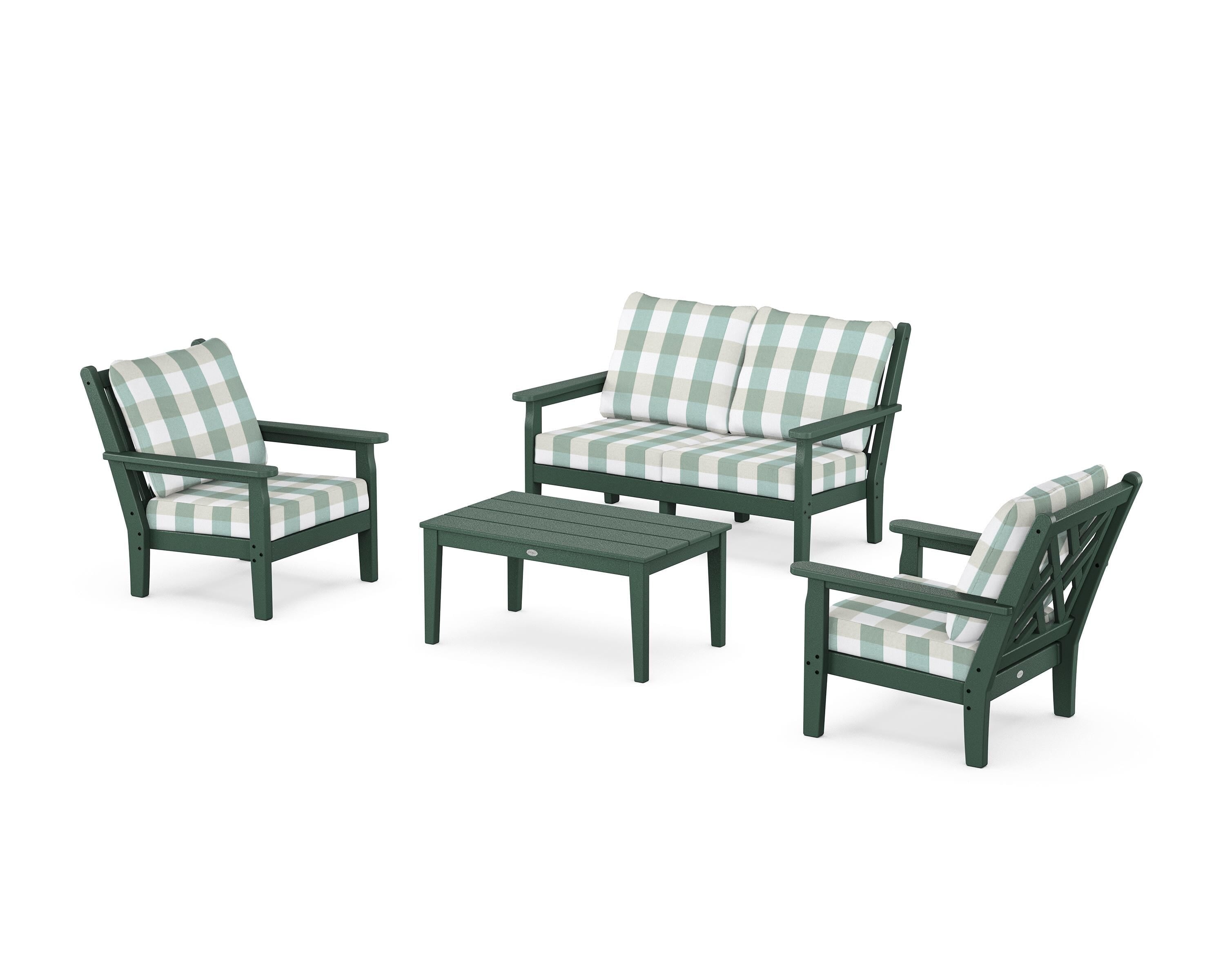 POLYWOOD® Chippendale 4-Piece Deep Seating Set with Loveseat in Green / Buffalo Plaid Glacier Spa