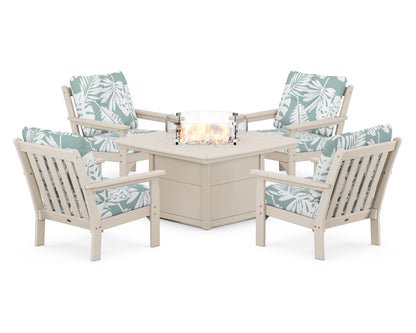 POLYWOOD® Vineyard 5-Piece Conversation Set with Fire Pit Table in Sand / Leaf Glacier Spa