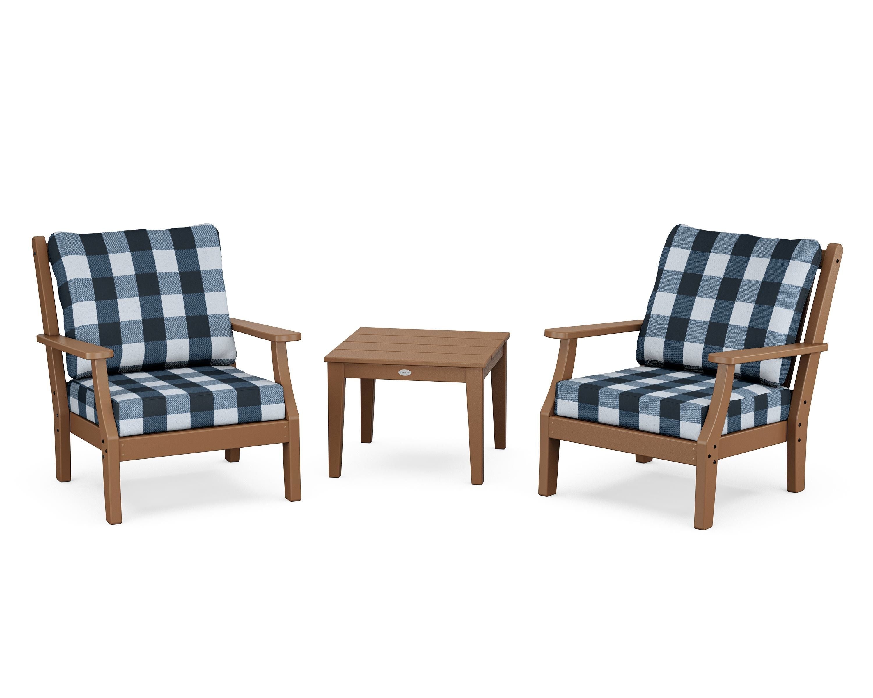 Country Living Wovendale 3-Piece Deep Seating Set in Teak / Buffalo Plaid Marine Indigo