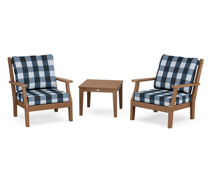 Country Living Wovendale 3-Piece Deep Seating Set in Teak / Buffalo Plaid Marine Indigo