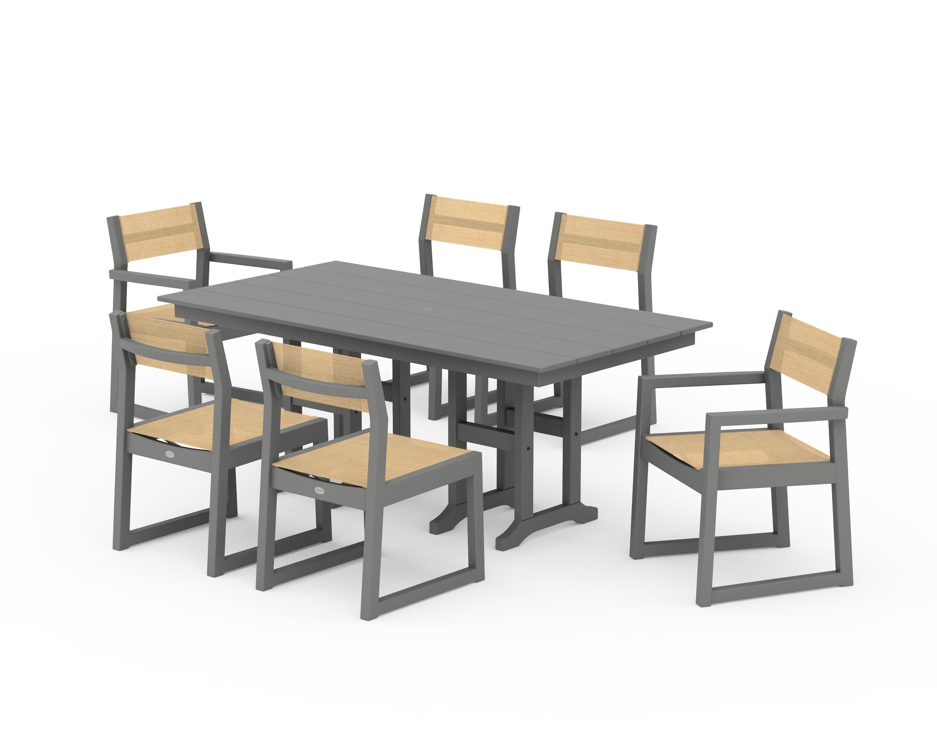 POLYWOOD® EDGE Sling 7-Piece Farmhouse Dining Set in Slate Grey / Dupioni Apricot Sling