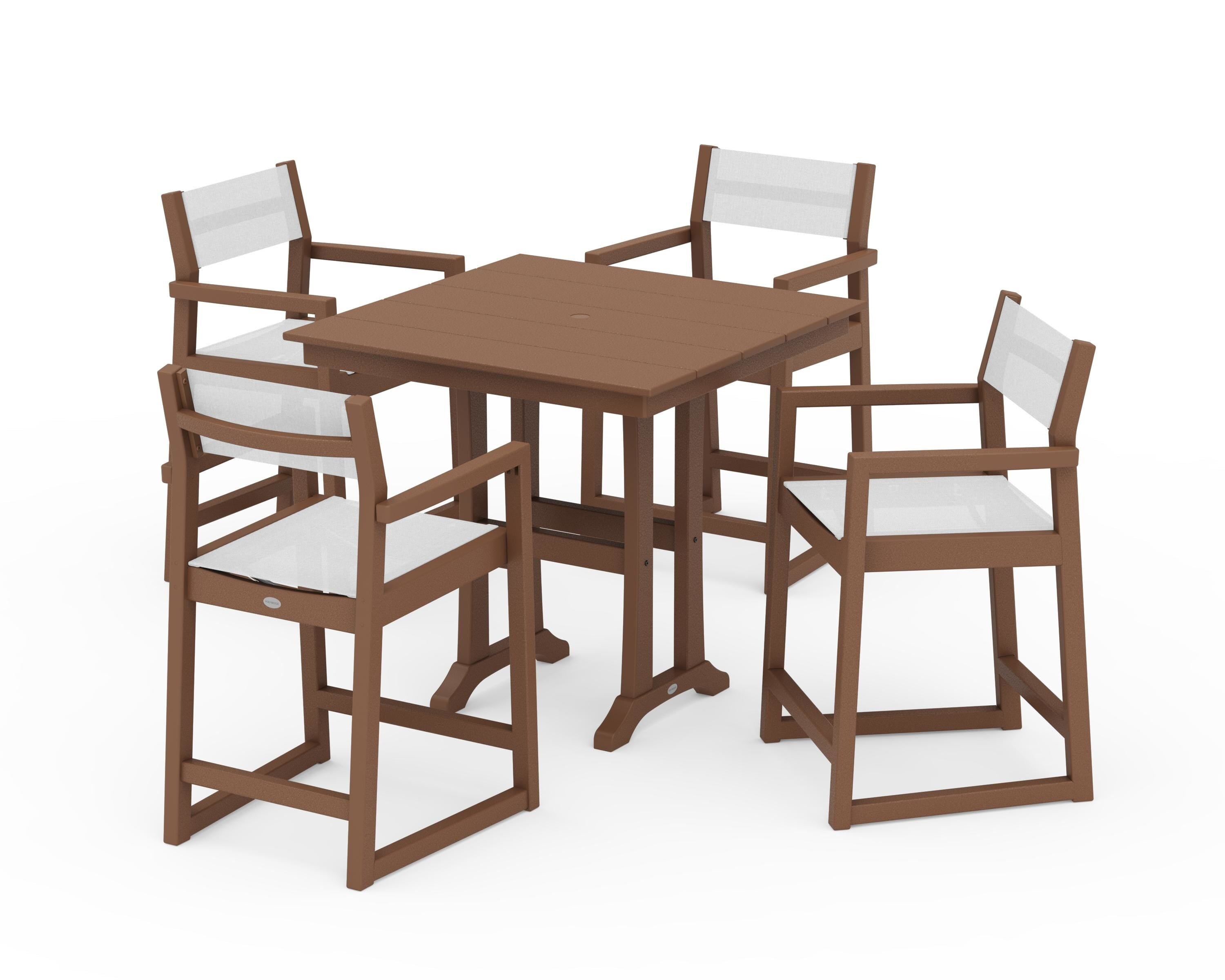 POLYWOOD® EDGE Sling Arm Chair 5-Piece Farmhouse Counter Set with Trestle Legs in Teak / White Sling