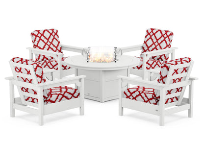 POLYWOOD® Club 5-Piece Conversation Set with Fire Pit Table in White / Trellis Crimson