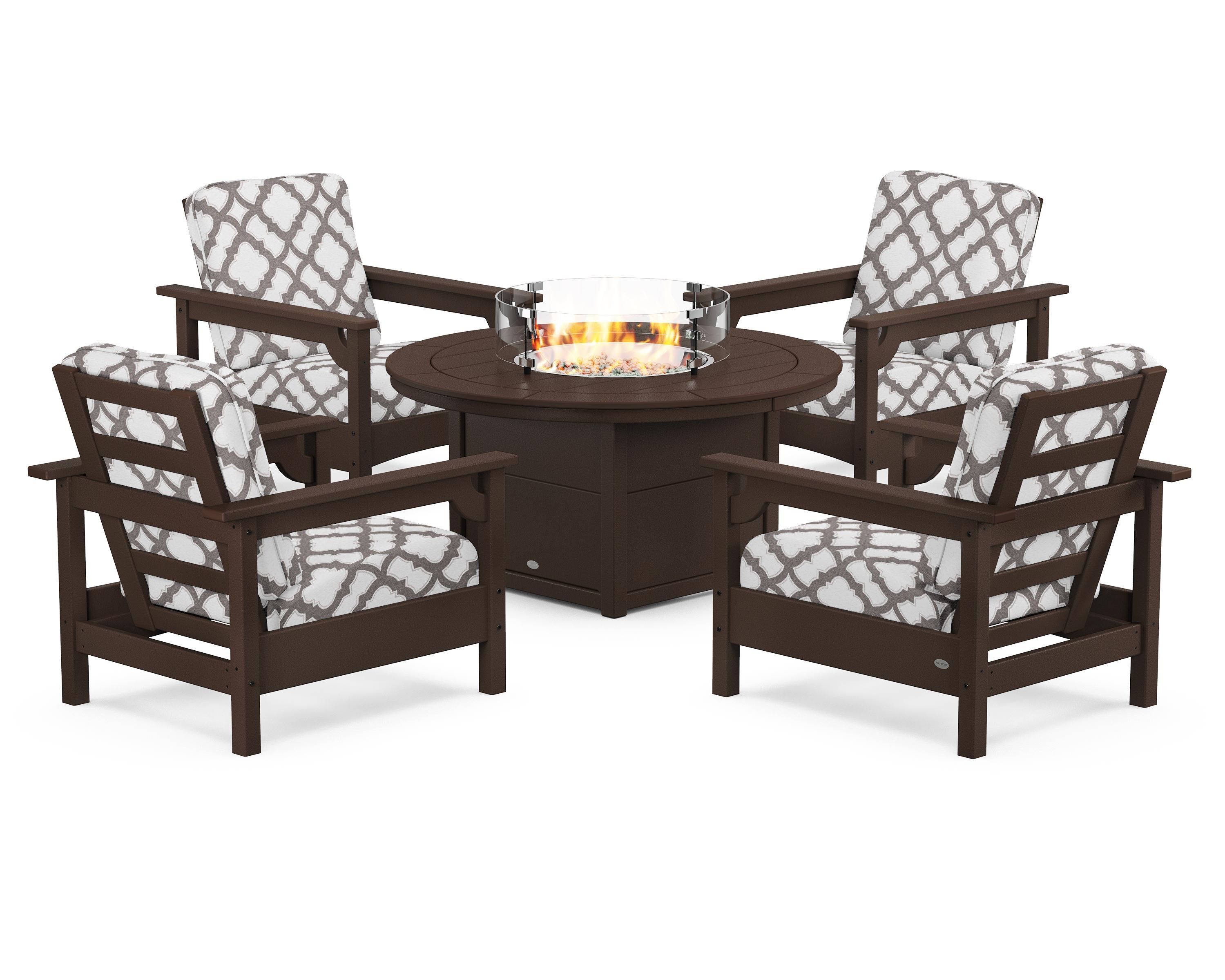 POLYWOOD® Club 5-Piece Conversation Set with Fire Pit Table in Mahogany / Trellis Grey Mist