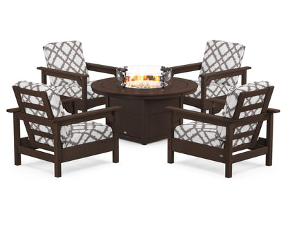 POLYWOOD® Club 5-Piece Conversation Set with Fire Pit Table in Mahogany / Trellis Grey Mist
