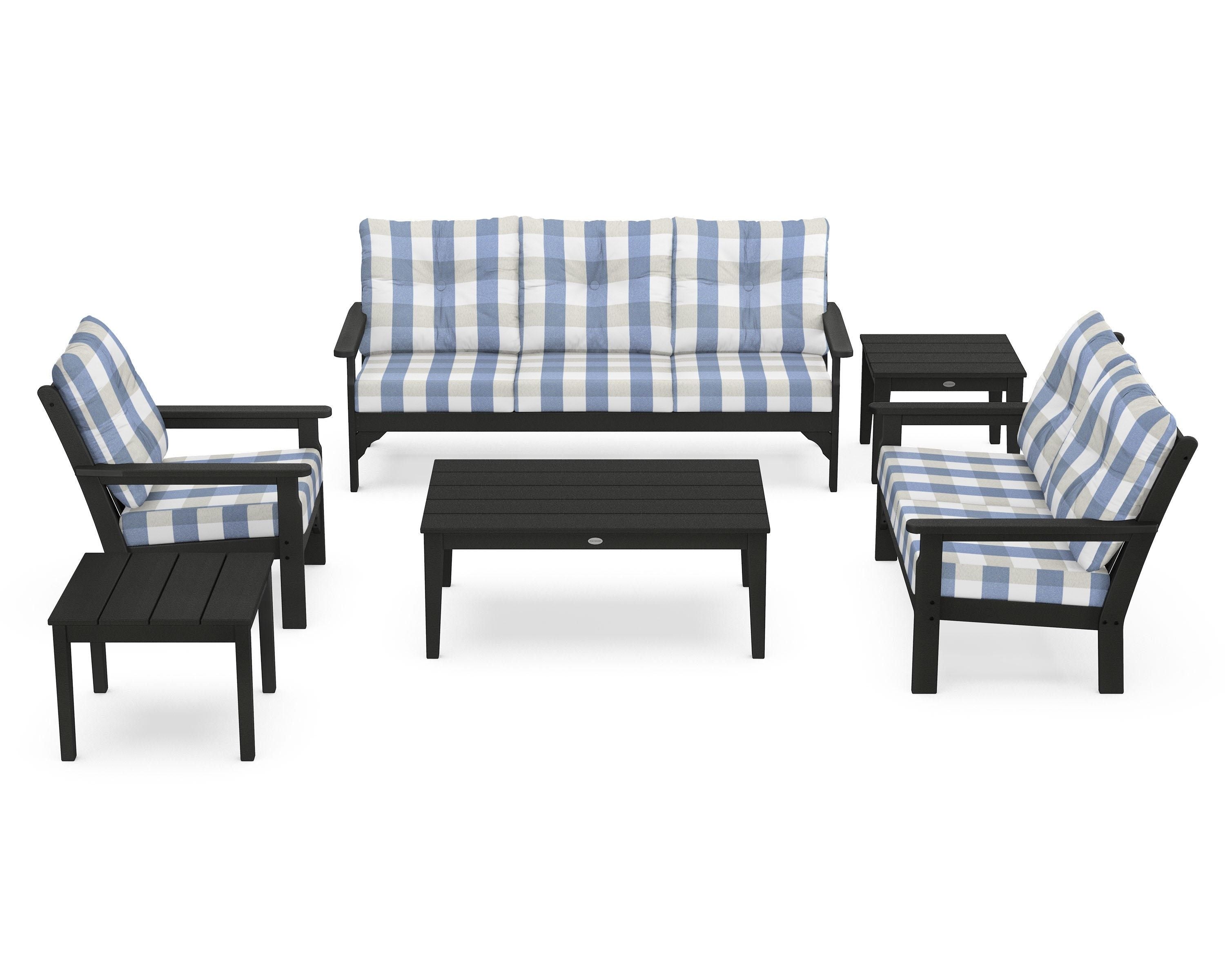 POLYWOOD® Vineyard 6-Piece Deep Seating Set in Black / Buffalo Plaid Sky Blue