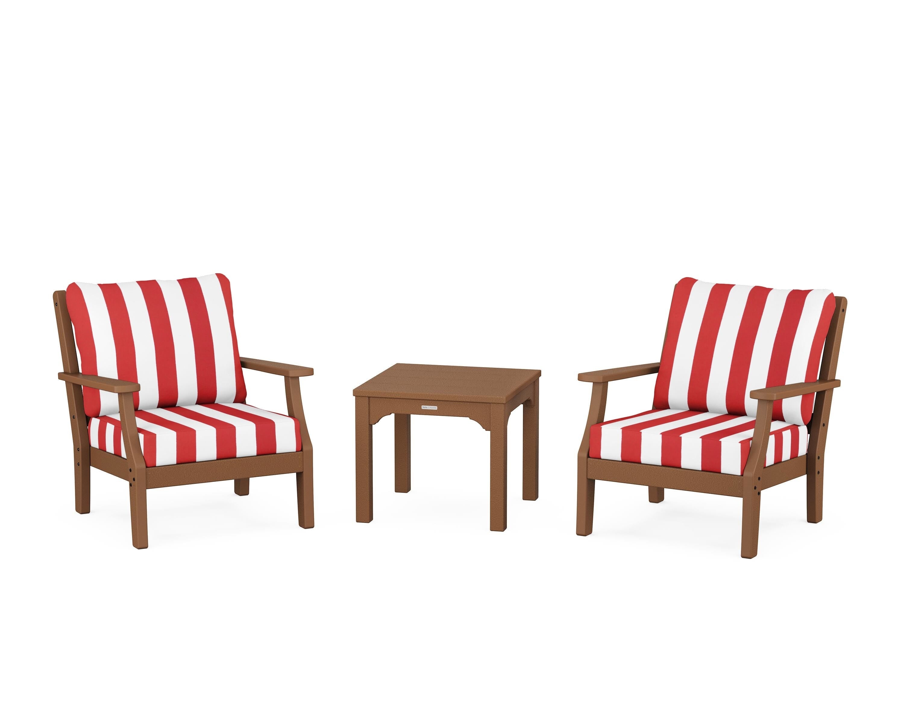 Martha Stewart by POLYWOOD® Chinoiserie 3-Piece Deep Seating Set in Teak / Cabana Stripe Crimson