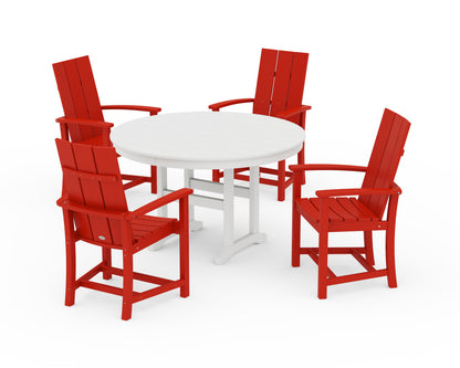 POLYWOOD® Modern Adirondack 5-Piece Round Farmhouse Dining Set in Sunset Red / White