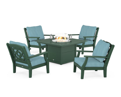 Martha Stewart by POLYWOOD® Chinoiserie 5-Piece Deep Seating Set with Fire Pit Table in Green / Lattice Sky Blue