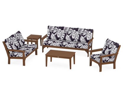 POLYWOOD® Vineyard 5 Piece Deep Seating Set in Teak / Leaf Navy