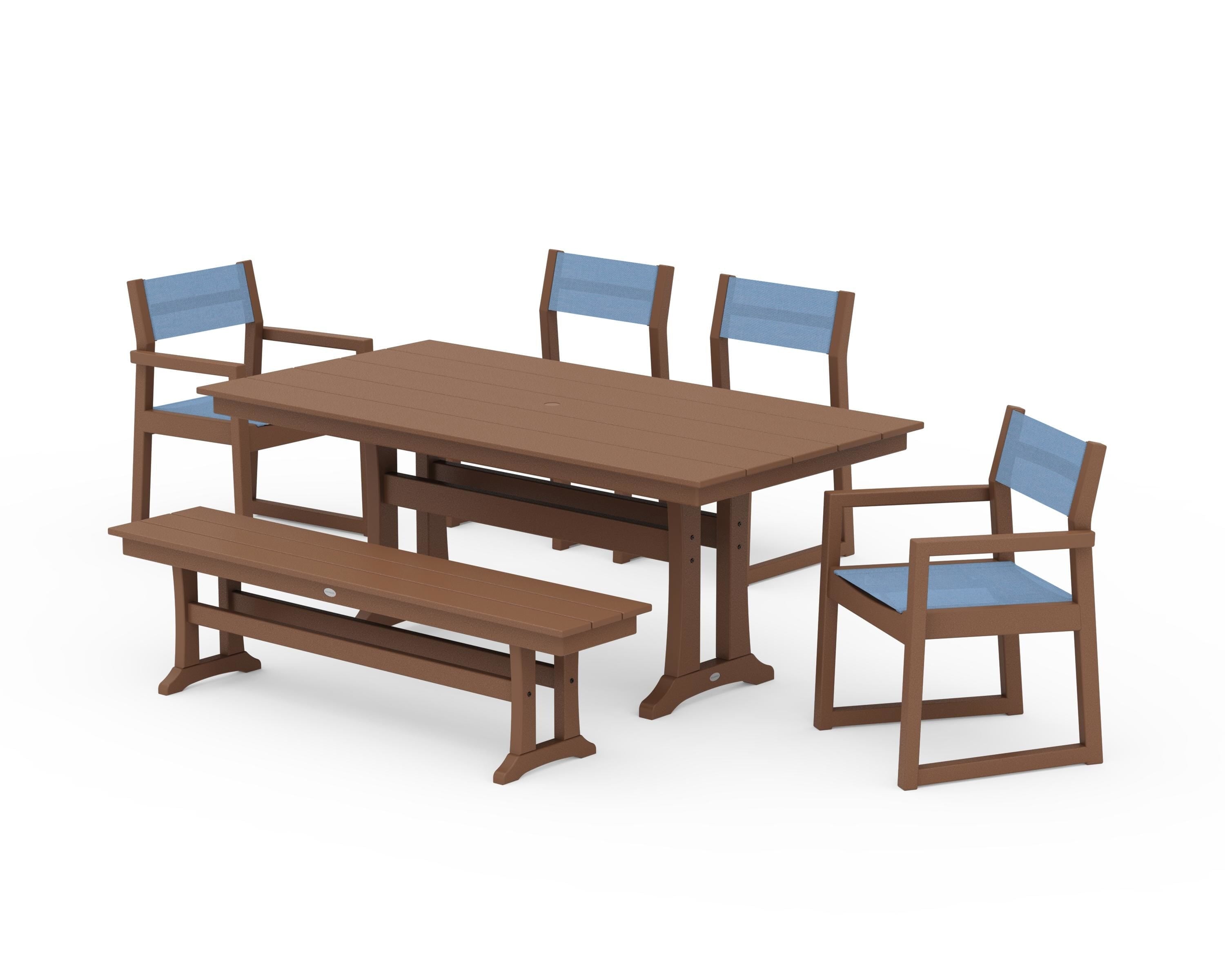 POLYWOOD® EDGE Sling 6-Piece Farmhouse Dining Set With Trestle Legs in Teak / Poolside Sling
