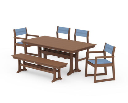 POLYWOOD® EDGE Sling 6-Piece Farmhouse Dining Set With Trestle Legs in Teak / Poolside Sling