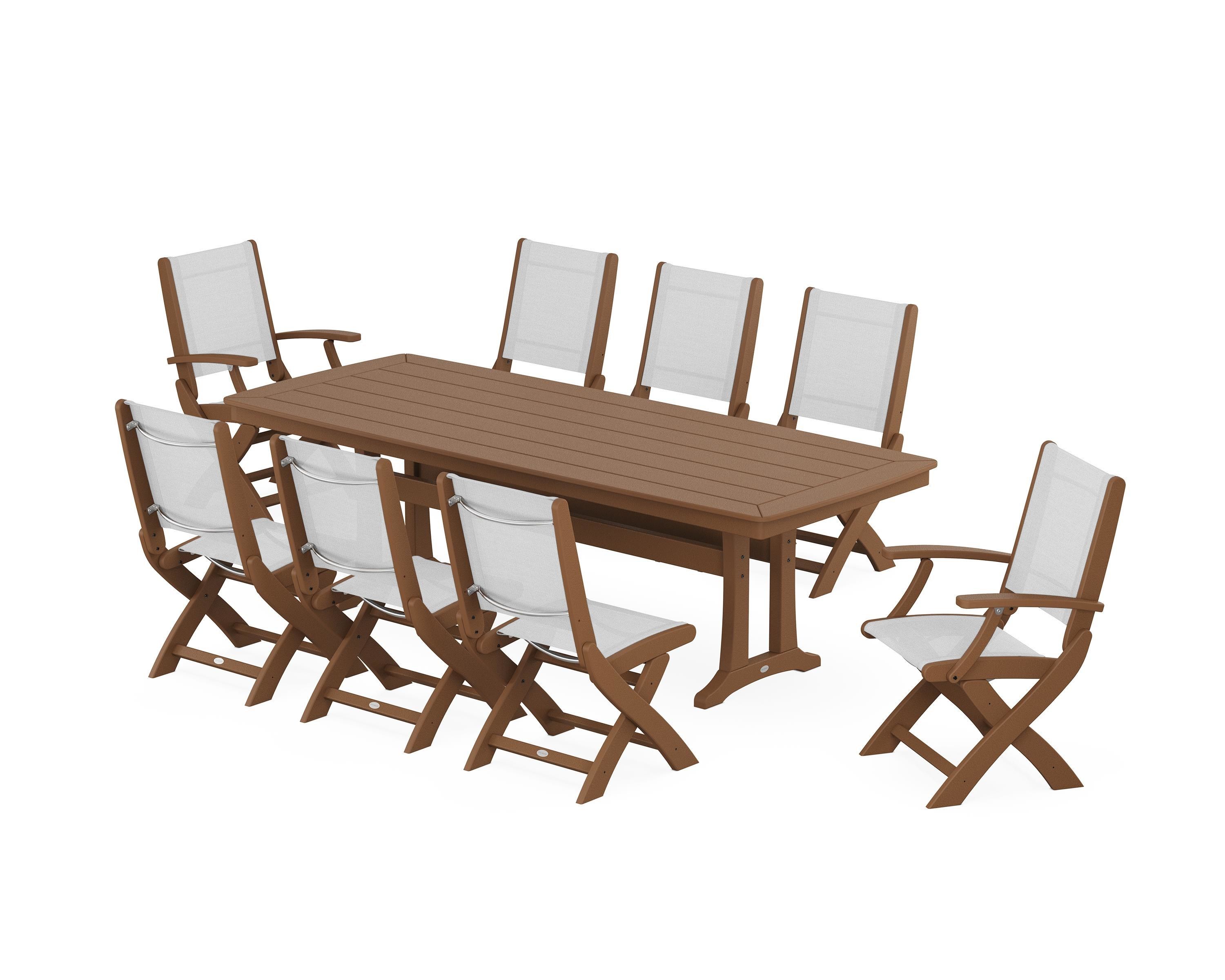 POLYWOOD® Coastal Folding 9-Piece Dining Set with Trestle Legs in Teak / White Sling