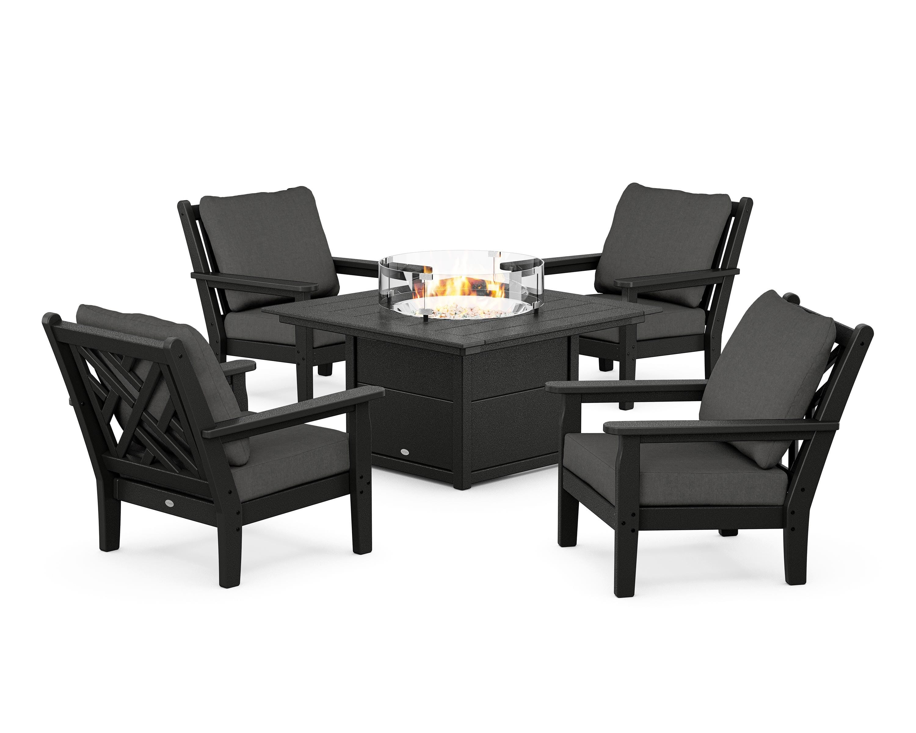 POLYWOOD® Chippendale 5-Piece Deep Seating Set with Fire Pit Table in Black / Spectrum Carbon