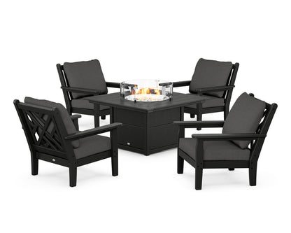 POLYWOOD® Chippendale 5-Piece Deep Seating Set with Fire Pit Table in Black / Spectrum Carbon