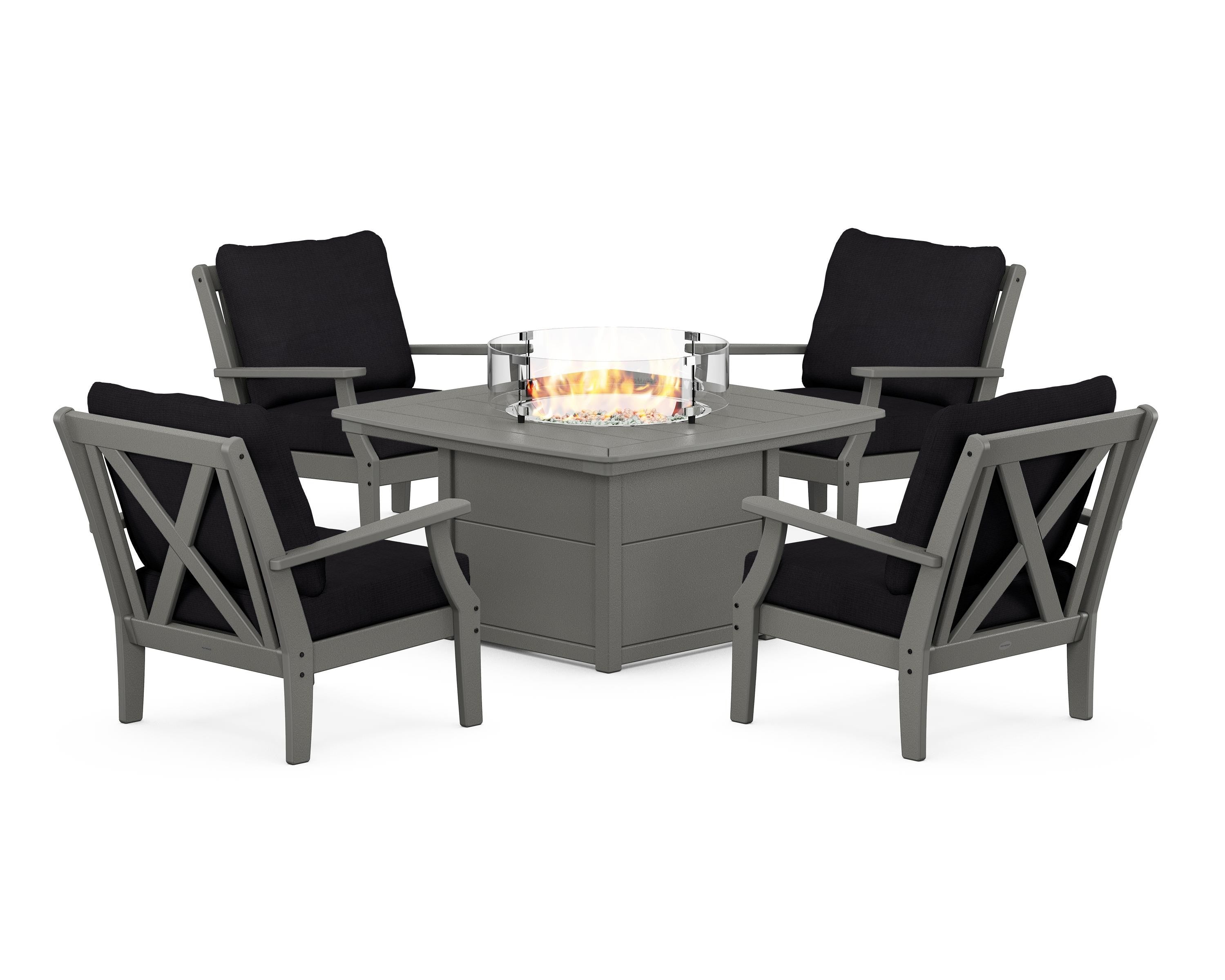 POLYWOOD® Braxton 5-Piece Deep Seating Conversation Set with Fire Pit Table in Slate Grey / Midnight Linen