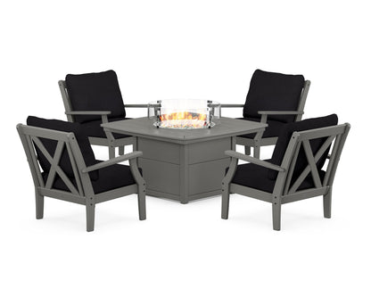 POLYWOOD® Braxton 5-Piece Deep Seating Conversation Set with Fire Pit Table in Slate Grey / Midnight Linen