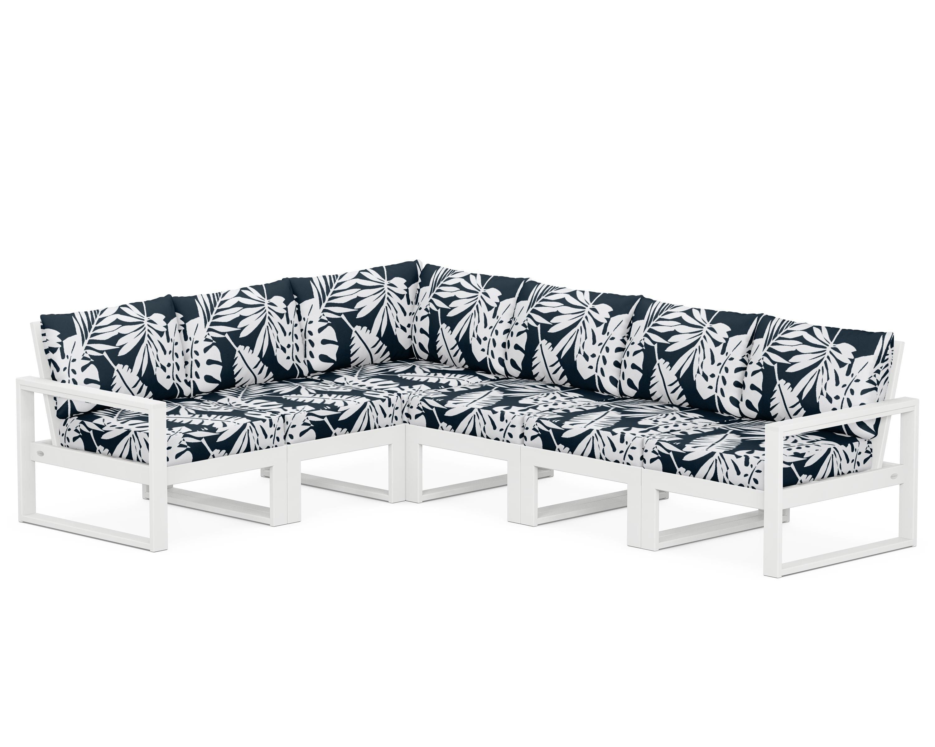 POLYWOOD® EDGE 6-Piece Modular Deep Seating Set in White / Leaf Marine Indigo
