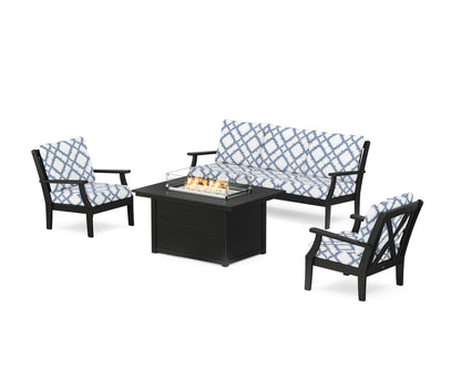 POLYWOOD® Braxton Deep Seating Fire Pit Table Set in Black / Trellis Sky Blue