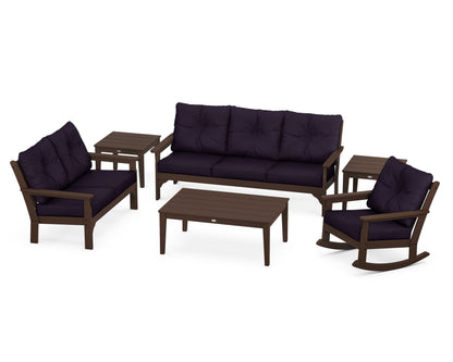 POLYWOOD® Vineyard 6-Piece Deep Seating Set in Mahogany / Navy Linen