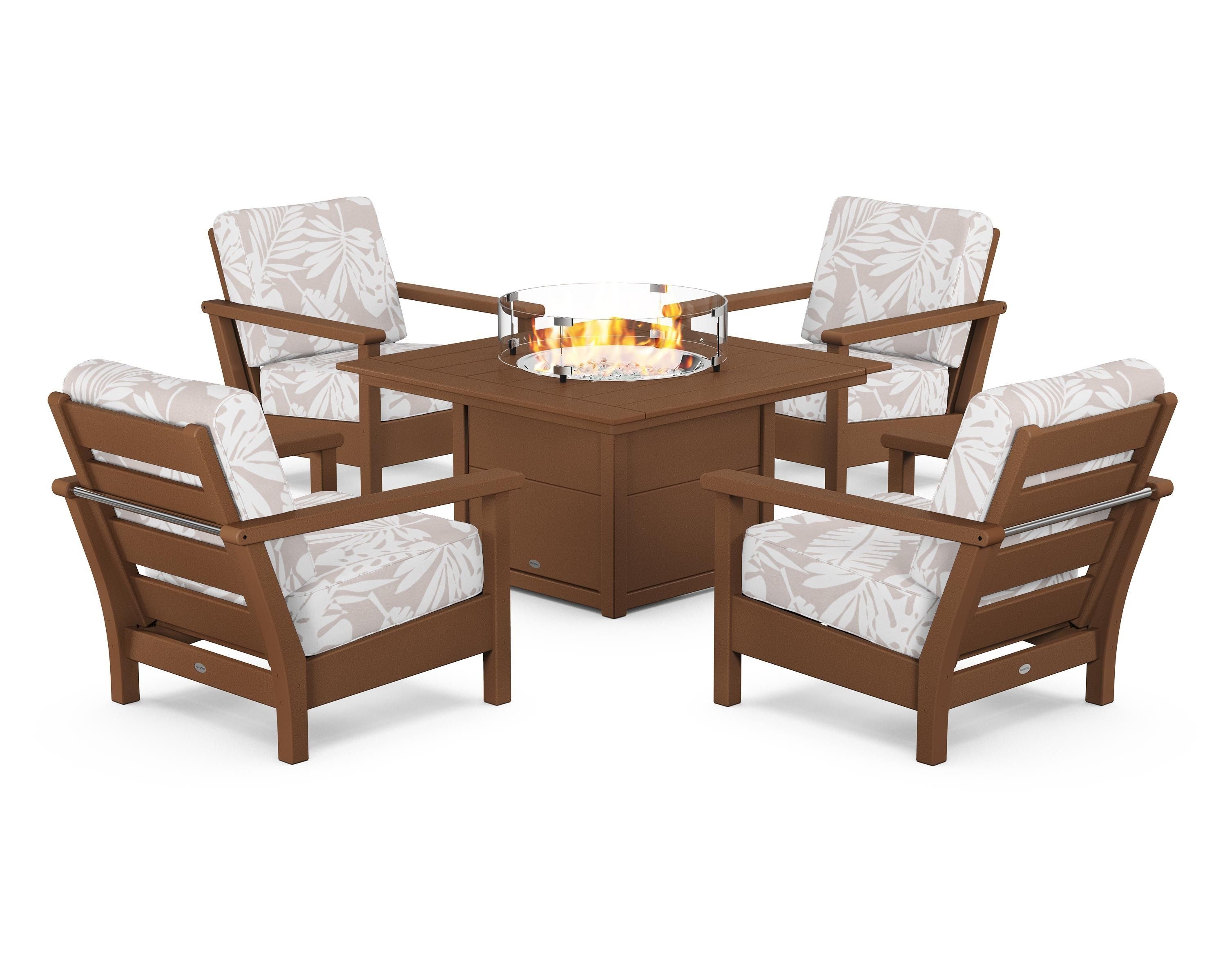 POLYWOOD® Harbour 5-Piece Conversation Set with Fire Pit Table in Teak / Leaf Dune Burlap