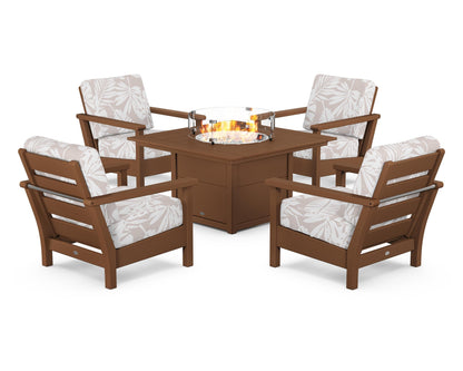 POLYWOOD® Harbour 5-Piece Conversation Set with Fire Pit Table in Teak / Leaf Dune Burlap