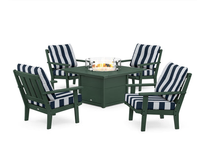 POLYWOOD® Oxford 5-Piece Deep Seating Set with Fire Pit Table in Green / Cabana Stripe Marine Indigo