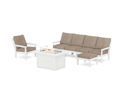 POLYWOOD® Vineyard Sectional Lounge and Fire Pit Set in White / Spiced Burlap
