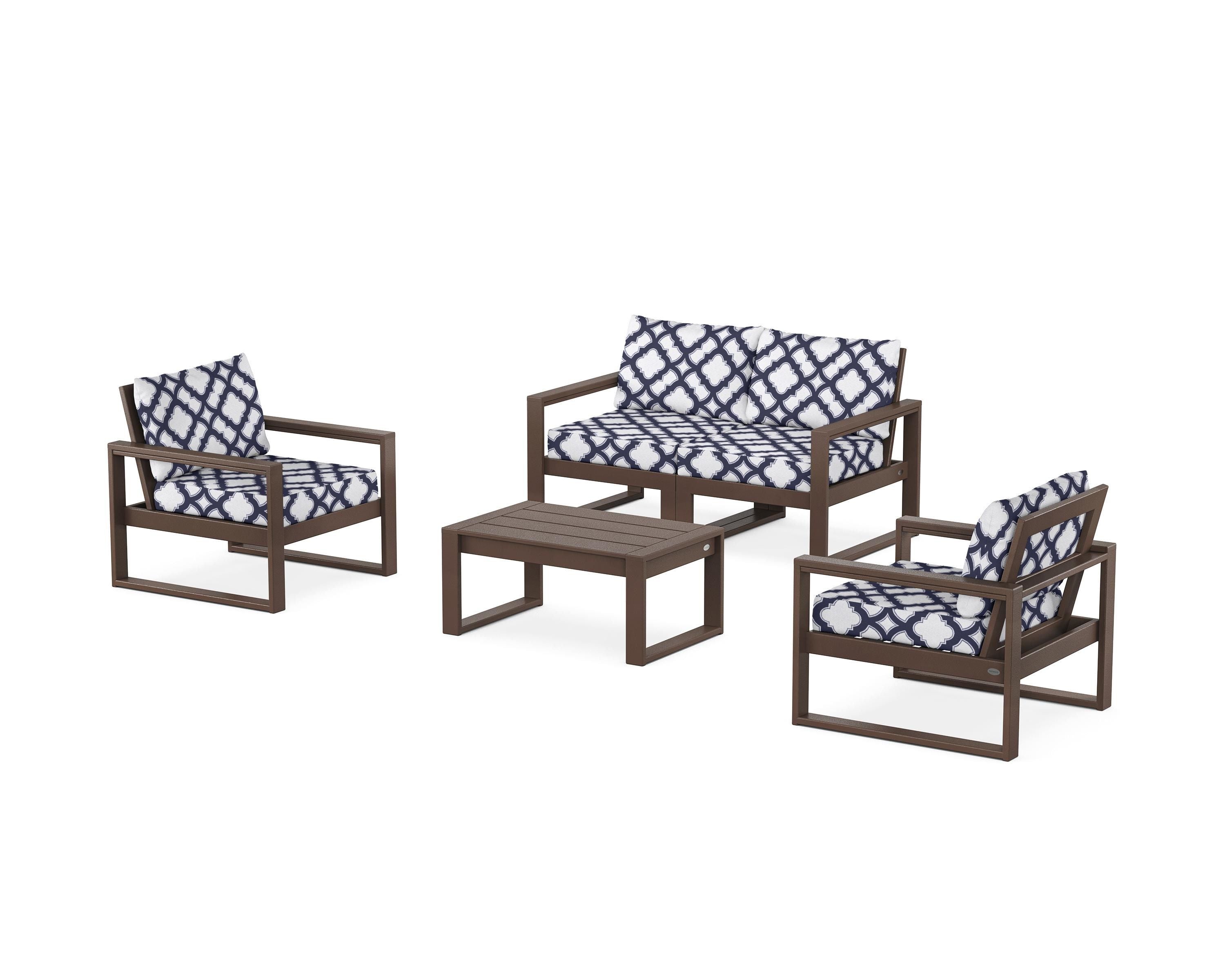 POLYWOOD® EDGE Sectional 4-Piece Deep Seating Set with Loveseat in Mahogany / Trellis Navy