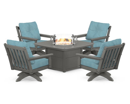 POLYWOOD® Vineyard 5-Piece Deep Seating Swivel Conversation Set with Fire Pit Table in Slate Grey / Lattice Sky Blue