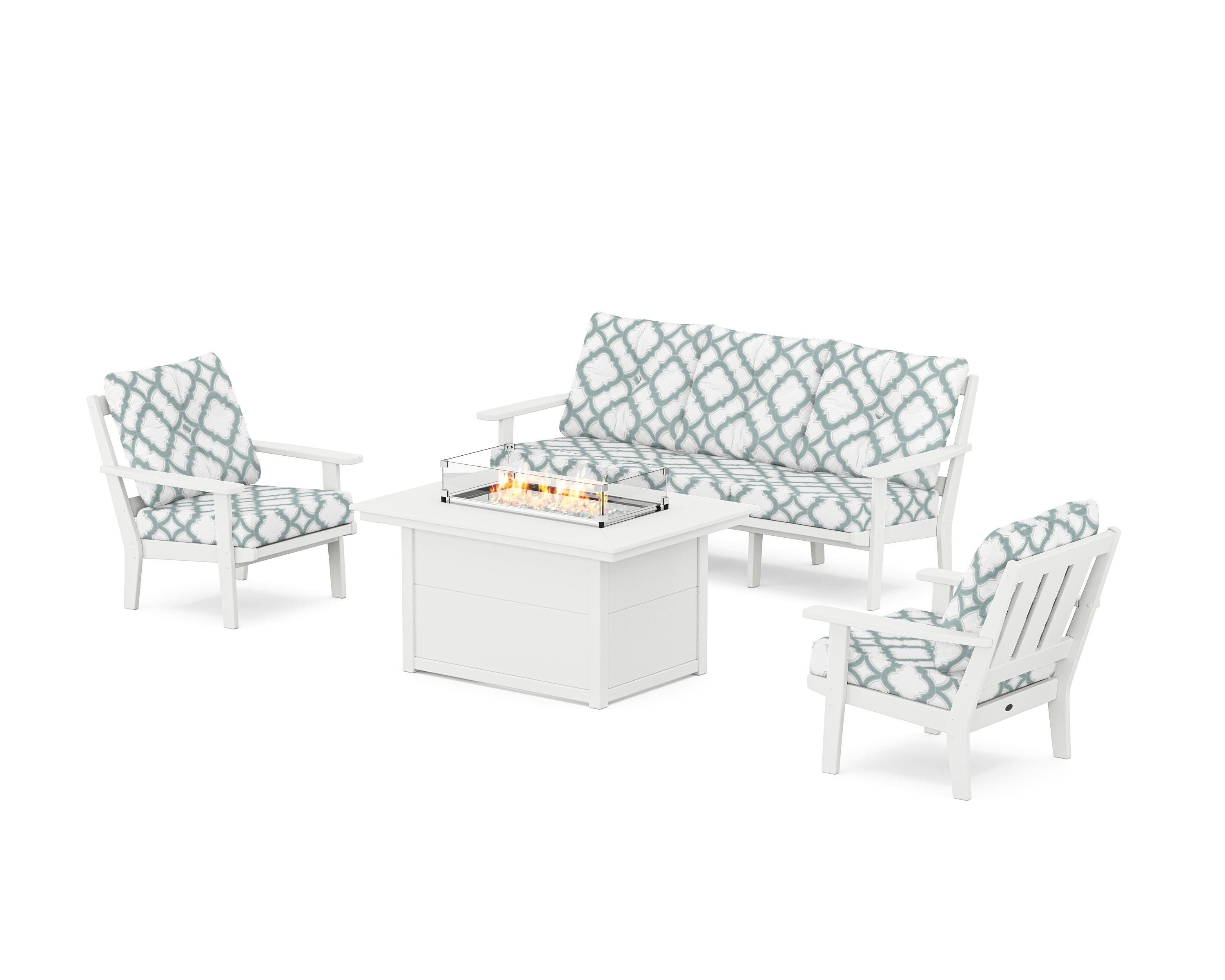 POLYWOOD® Oxford Deep Seating Fire Pit Table Set in White / Trellis Glacier Spa