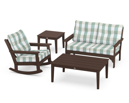 POLYWOOD® Vineyard 4-Piece Deep Seating Rocker Set in Mahogany / Buffalo Plaid Glacier Spa