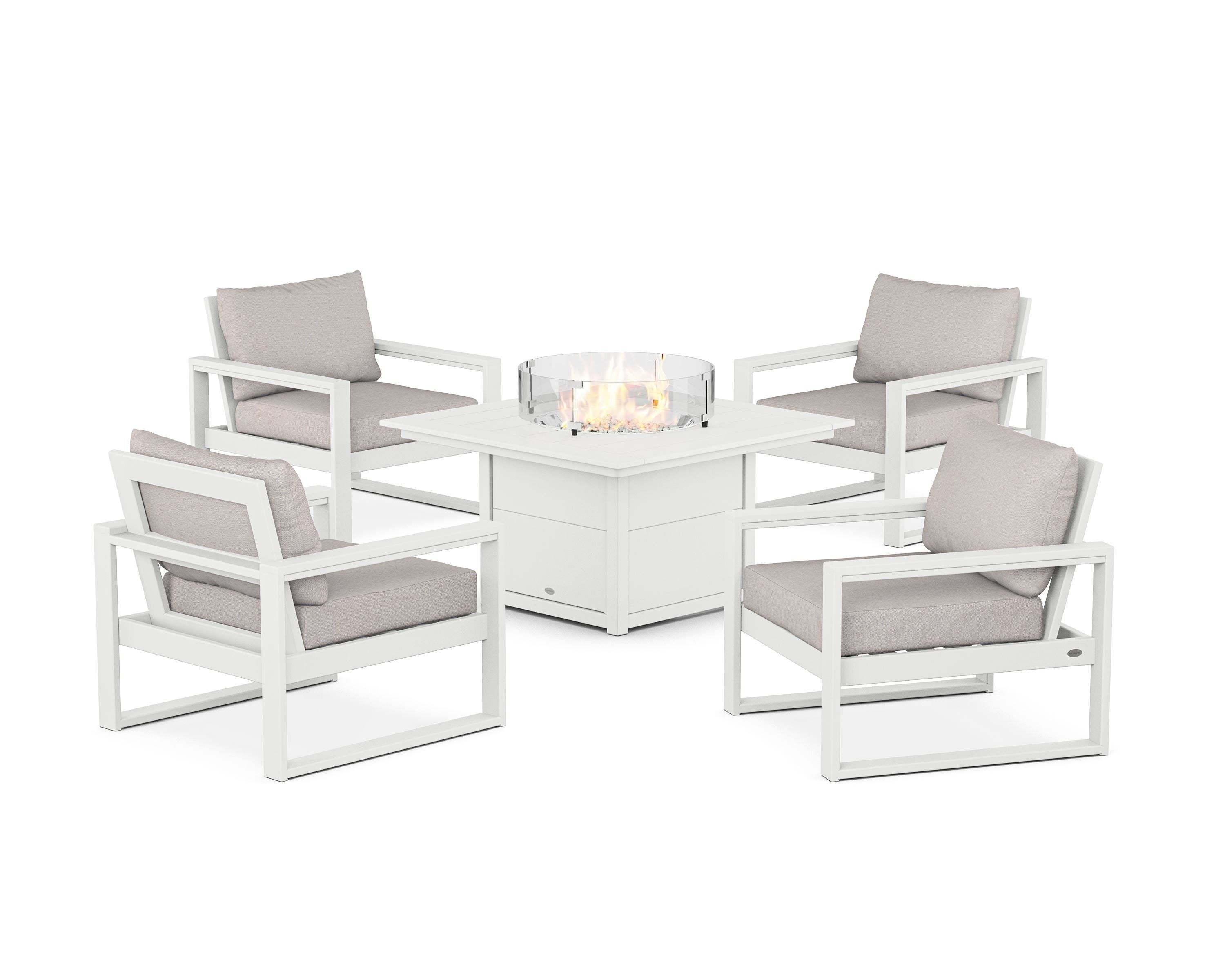 POLYWOOD® EDGE Sectional 5-Piece Deep Seating Set with Fire Pit Table in White / Dune Burlap