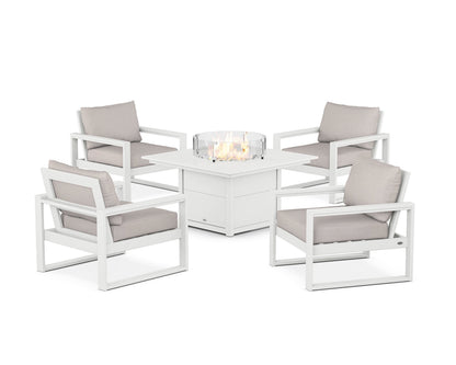 POLYWOOD® EDGE Sectional 5-Piece Deep Seating Set with Fire Pit Table in White / Dune Burlap