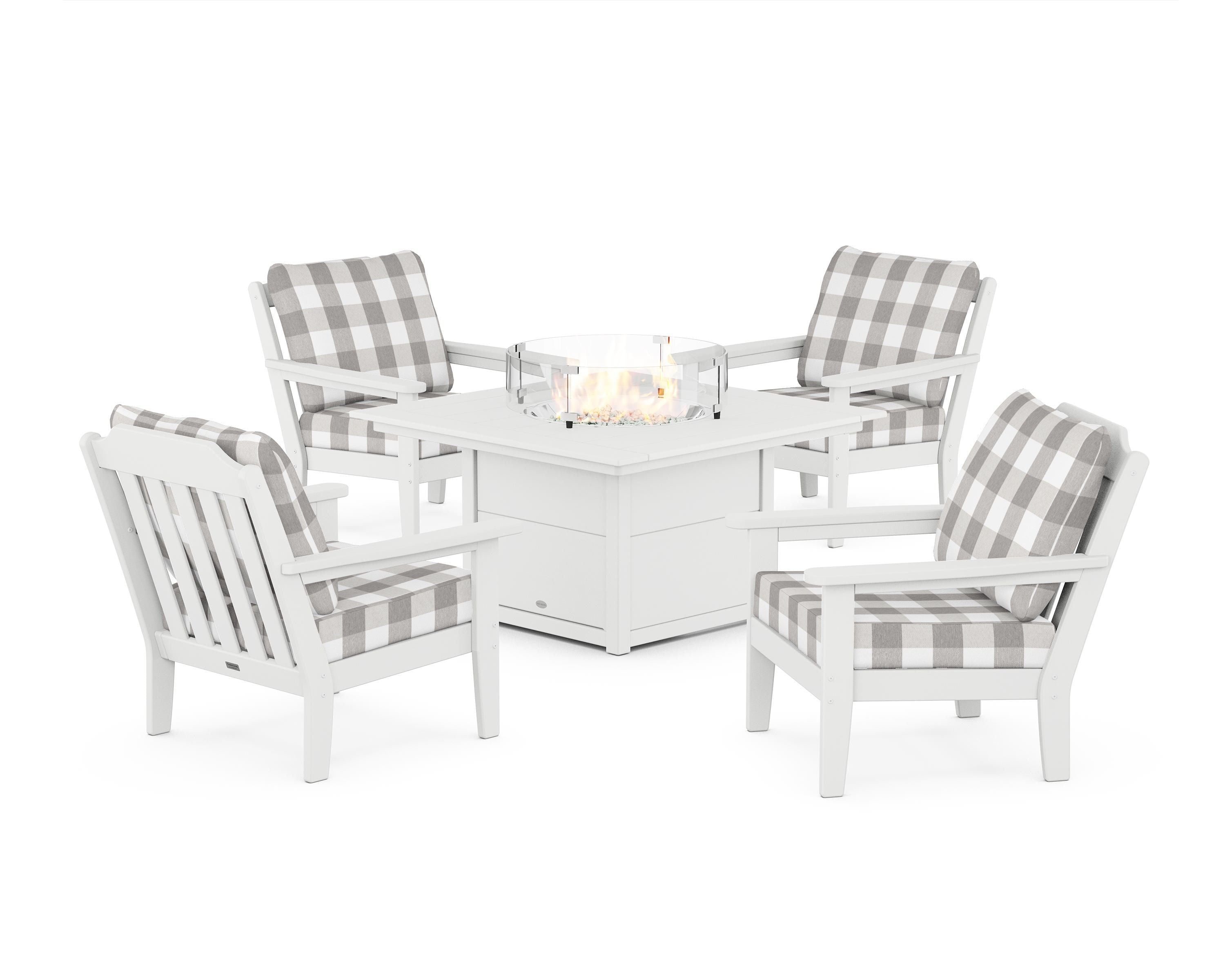 Country Living Cottage 5-Piece Deep Seating Set with Fire Pit Table in White / Buffalo Plaid Grey Mist