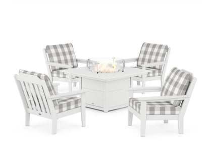 Country Living Cottage 5-Piece Deep Seating Set with Fire Pit Table in White / Buffalo Plaid Grey Mist
