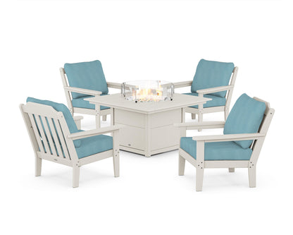 Country Living Cottage 5-Piece Deep Seating Set with Fire Pit Table in Sand / Lattice Sky Blue