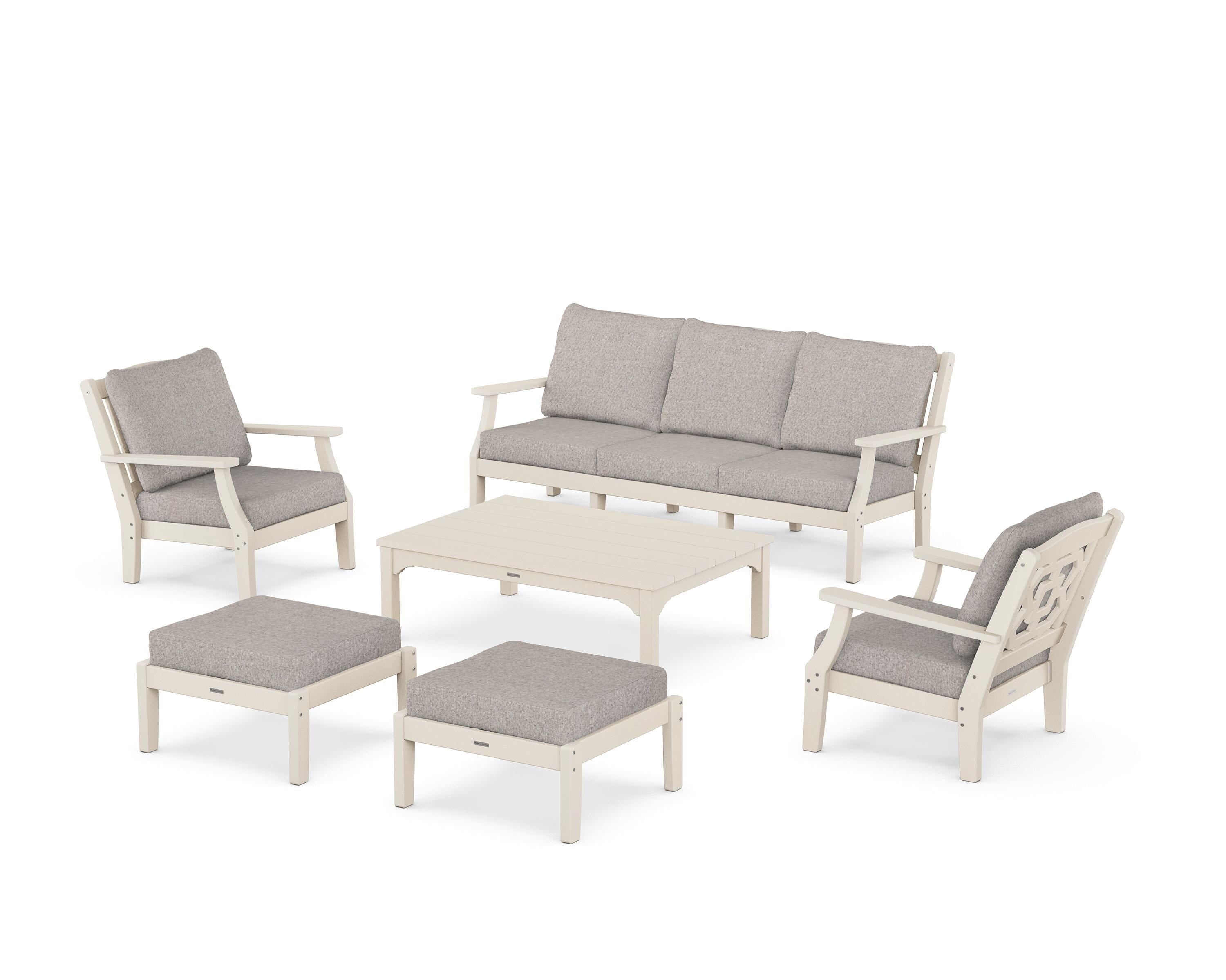 Martha Stewart by POLYWOOD® Chinoiserie 6-Piece Lounge Sofa Set in Sand / Weathered Tweed