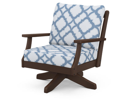 POLYWOOD® Braxton Deep Seating Swivel Chair in Mahogany / Trellis Sky Blue