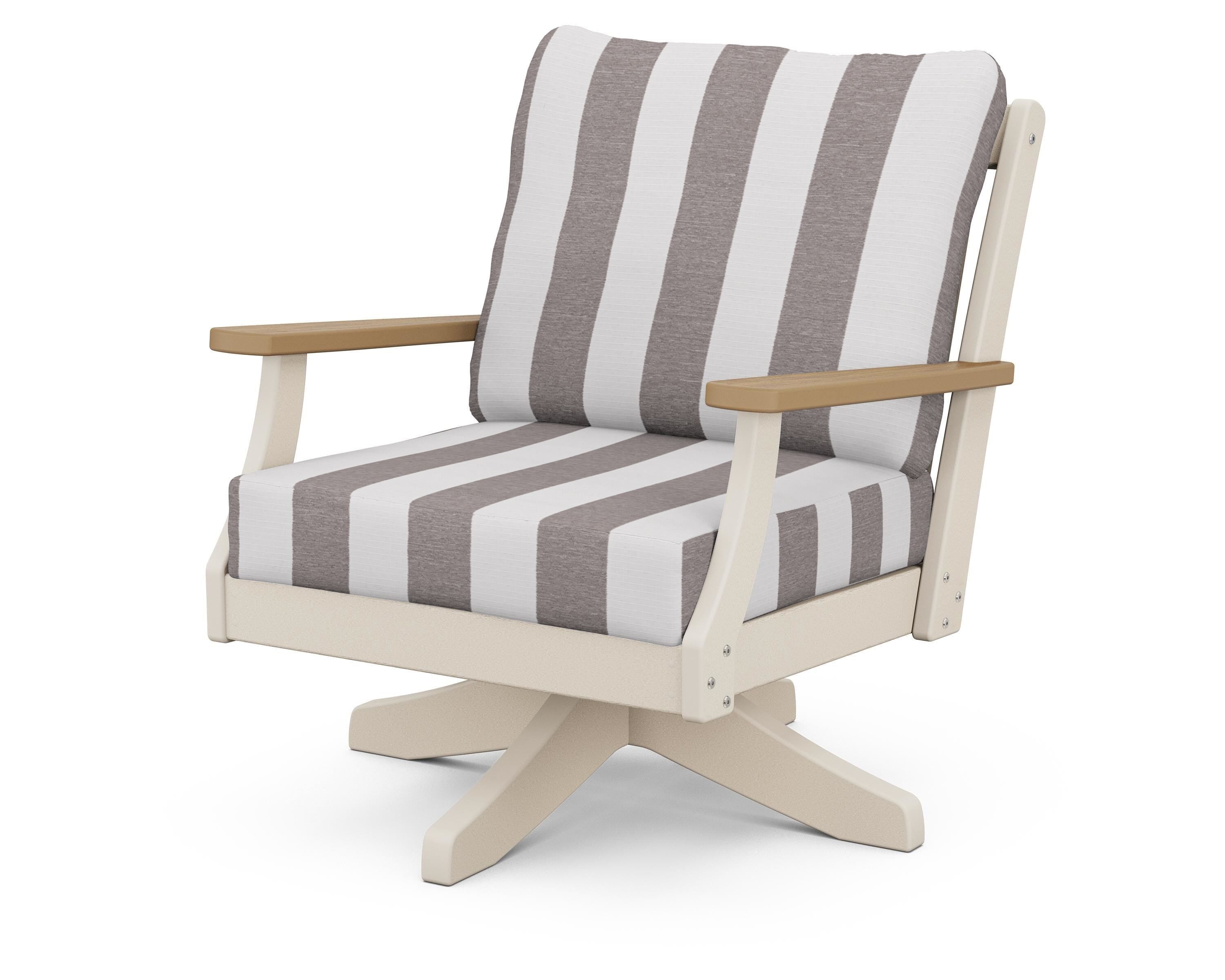 POLYWOOD® Braxton Deep Seating Swivel Chair in Sand / Natural / Cabana Stripe Grey Mist