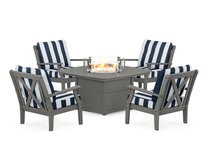 POLYWOOD® Braxton 5-Piece Deep Seating Conversation Set with Fire Pit Table in Slate Grey / Cabana Stripe Marine Indigo