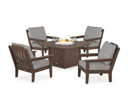 Country Living Cottage 5-Piece Deep Seating Set with Fire Pit Table in Mahogany / Grey Mist