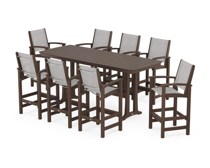 POLYWOOD® Coastal 9-Piece Bar Set with Trestle Legs in Mahogany / Parchment Sling