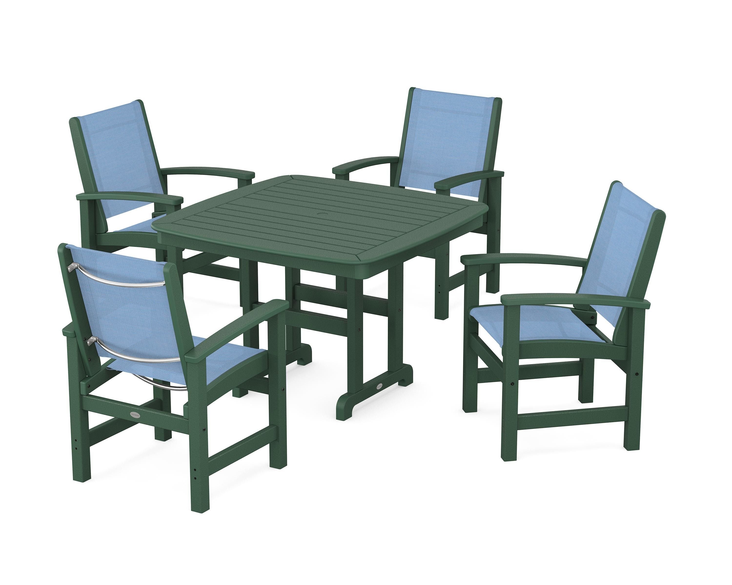 POLYWOOD® Coastal 5-Piece Dining Set in Green / Poolside Sling