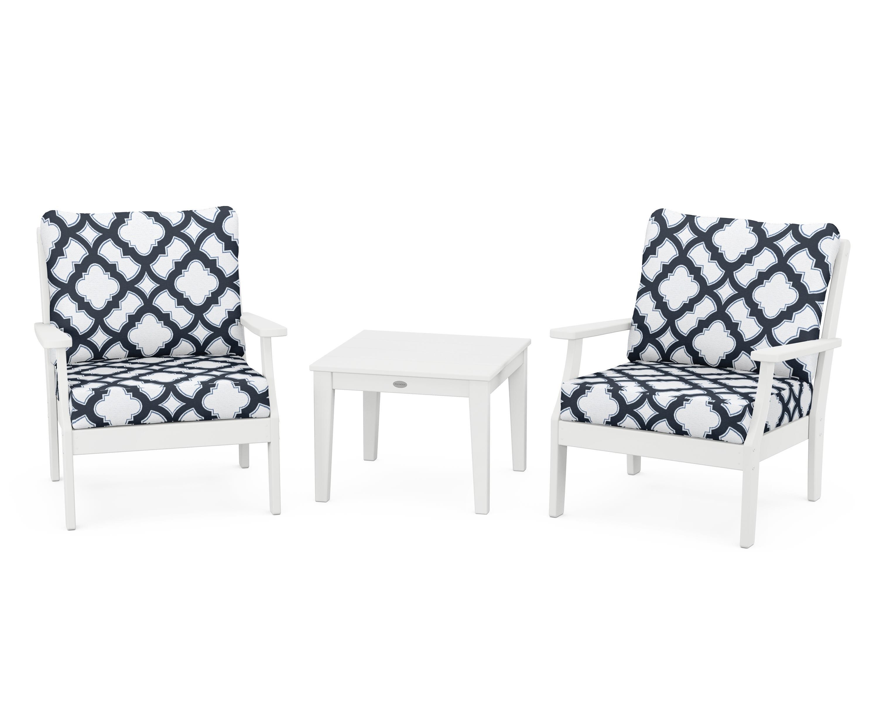 POLYWOOD® Braxton 3-Piece Deep Seating Set in White / Trellis Marine Indigo