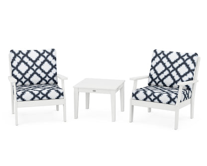 POLYWOOD® Braxton 3-Piece Deep Seating Set in White / Trellis Marine Indigo
