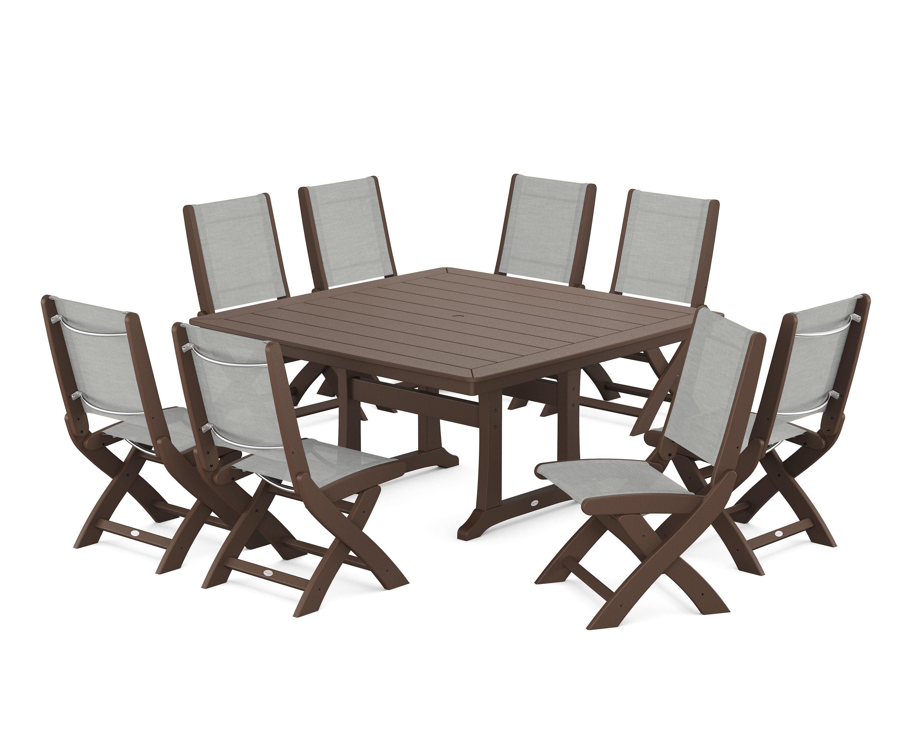 POLYWOOD® Coastal Folding Side Chair 9-Piece Dining Set with Trestle Legs in Mahogany / Metallic Sling
