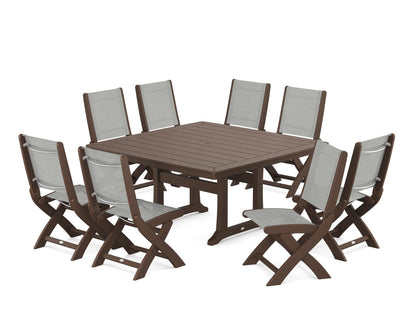 POLYWOOD® Coastal Folding Side Chair 9-Piece Dining Set with Trestle Legs in Mahogany / Metallic Sling