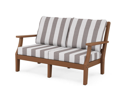 Martha Stewart by POLYWOOD® Chinoiserie Deep Seating Loveseat in Teak / Cabana Stripe Grey Mist