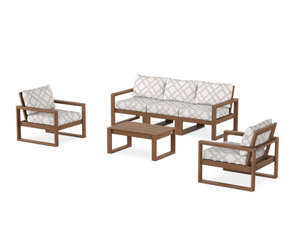 POLYWOOD® EDGE Sectional 4-Piece Deep Seating Set with Sofa in Teak / Trellis Dune Burlap
